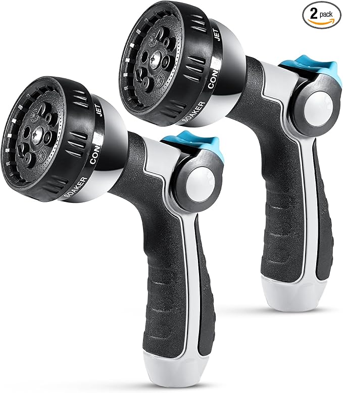 YAMATIC Garden Hose Nozzle, 8 Adjustable Spray Patterns,Heavy Duty Water Hose Nozzle with Thumb Control ON OFF VALVE,Ergonomic Grip for Watering Plants Lawn Washing Cars Cleaning Showering Pets,2 PCS