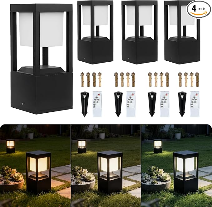 Solar Bollard Lights Outdoor, 13" Modern Led Landscape Pathway Lights Waterpoorf, Path Lighting for Garden Yard Decoration, 3CCT Seturable, Auto On/Off, Lawn and Concrete Mount (4 Pack)