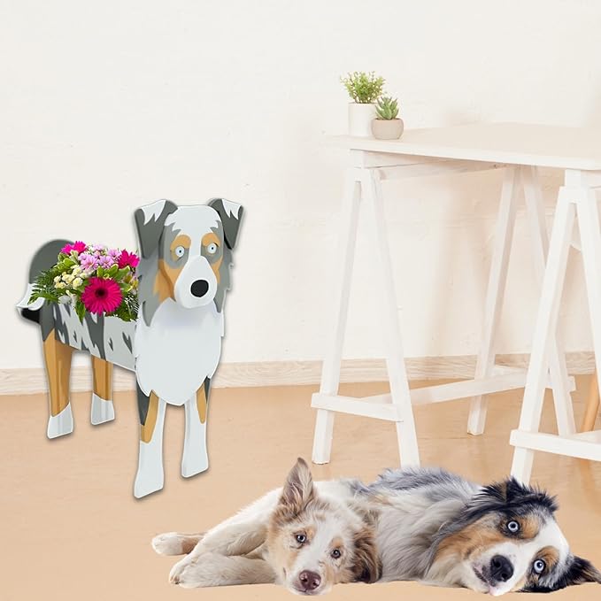 Australian Shepherd Dog Planter,Cute Dog Flower Pot,Gifts for Pet Lovers,Unique Animal Plant Pots,Office,Indoor Outdoor Garden Decor(9.45 * 5.41 * 13.39in)