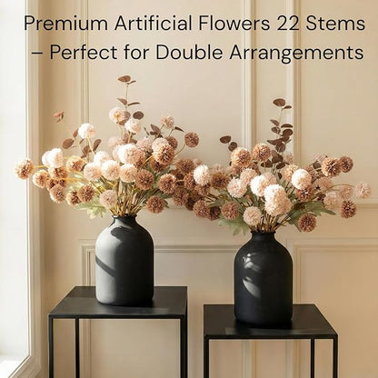 22pcs Artificial Beige & Brown Kiku Flowers with Eucalyptus Stems Bulk, Faux Silk Mum Pom Poms for Vase, Modern Farmhouse Boho Home Decor, Realistic Floral Centerpiece for Kitchen & Living Room