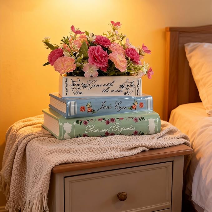 Book Planter Decor - Cute Bookshelf Plant Pots, Small Book Shaped Ceramic Planters, Book Flowers Vase with Drainage Hole, Classic Titles Bookstack for Book Lovers Gifts for Home Bedrooms, Living Rooms