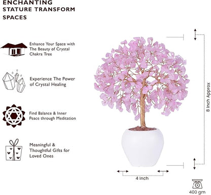 Rose Quartz Stone Chakra Crystal Tree Money Tree Feng Shui Gemstone Tree of Life with Pot Base, Good Luck Tree Christmas Home Office Desk Crystal Decor Ornaments, for Emotional Healing, Heart Chakra
