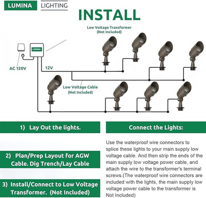 Lumina Lighting® 5W Landscape Lighting 12V Landscape Lights Low Voltage Landscape Spotlights Warm White Waterproof Outdoor Replaceable LED Bulb for Garden,Lawn,Porch,Patio and Yard (Bronze) (6-Pack)
