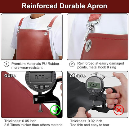 Waterproof Rubber Aprons for Women, Heavy Duty Vinyl Dishwasher Apron Adjustable Cross Back Strap for Dishwasher, Butcher, Dog Grooming, Chemical Resistant, 43" Long Thicker Apron Red