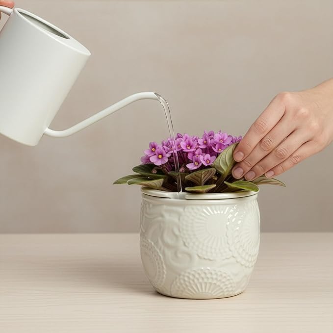 6.5” Ceramic Self Watering African Violet Planter with Embossed Floral Design – Durable Indoor Plant Pot for Orchids, Succulents, and Houseplants