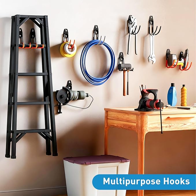 Garage Storage Utility Hooks，Garage Garden Tool Organizer，Steel Wall Mount Hooks, Large Garden U Hooks （2 Pack） (Type-2-Orange)