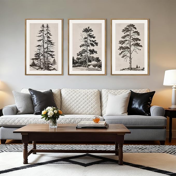 ANHUIB Vintage Tree Sketch Framed Canvas Wall Art 16x24 Inch Neutral Wilderness Forest Paintings Retro Botanical Wall Decor Set of 3 for Living Room Bedroom Office