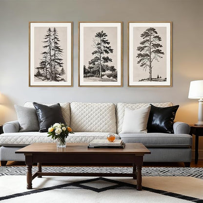 ANHUIB Vintage Tree Sketch Framed Canvas Wall Art 16x24 Inch Neutral Wilderness Forest Paintings Retro Botanical Wall Decor Set of 3 for Living Room Bedroom Office