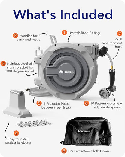 66 FT x 1/2" Retractable Garden Hose Reel by HOZEREEL, Outdoor Garden Hose Reels - Automatic Self Retract Wall Mount Hose Reel Enclosed Storage, Any Length Lock, 10 Pattern Nozzle-Grey