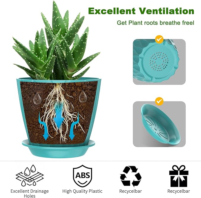 7 Inch Plant Pots with Saucers, 6 Pack Indoor Flower Pots, Planters with Drainage Holes for Orchids, Violets, Succulents, Herbs, and Other Plants, White (Black-Green, 7inch)