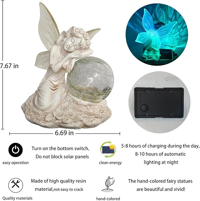 Solar Fairy Garden Statue with Cracked Glass Ball & Glowing Wings, Waterproof Outdoor Fairy Decor for Yard, Patio, Lawn – Ideal for Garden Lovers & Holiday Giving (7.67x6.69 Inches)