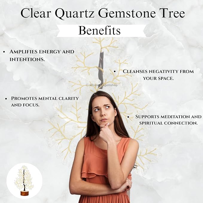 GEMSCITE Clear Quartz Crystal Tree with Golden Wire – Handmade Gemstone Bonsai for Energy Healing & Home Decor