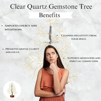 GEMSCITE Clear Quartz Crystal Tree with Golden Wire – Handmade Gemstone Bonsai for Energy Healing & Home Decor