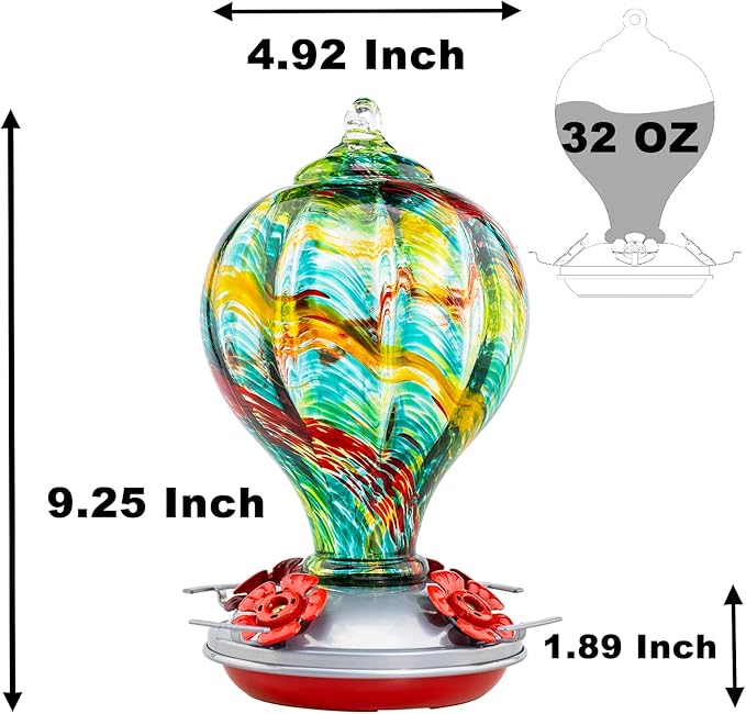 Muse Garden Hummingbird Feeders Blown Glass Hummingbird Feeder, Garden Backyard Decor for Outside, 32OZ, Rainbow Spirit