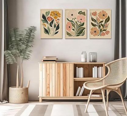 CHMMART Boho Floral Framed Wall Art Flower Canvas Art Prints Set of 3 Mid Century Modern Pictures Wall Decor Botanical Painting Artwork for Living Room Bedroom Office 16x20in