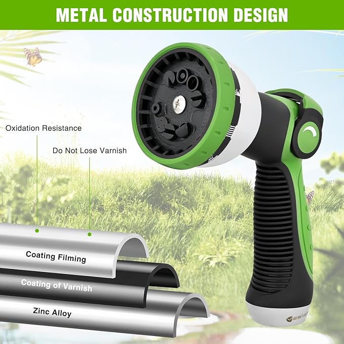 Yesker Garden Hose Nozzle Water Hose Sprayer Nozzle Adjustable 10 Spray Patterns Heavy Duty Metal Nozzles Thumb Control w Non-Slip Grip for Outdoor Watering Plants Lawn Washing Car Pets, Black & Green