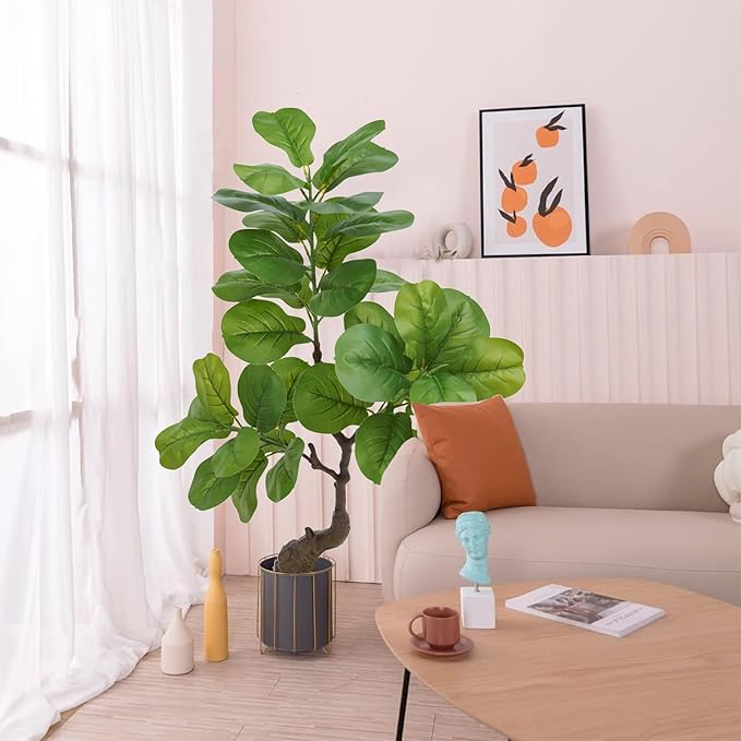 4 Ft Artificial Fiddle Leaf Fig Tree, Indoor Outdoor Fake Potted Tree with Trunks Artificial Tree Realistic Fake Plant for Modern Home Office Living Room Floor Decor
