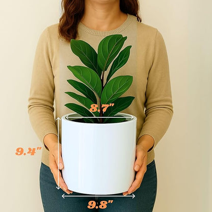 Fox & Fern 10 Inch Plant Pot with Drainage Plug — Premium Lightweight Fiberstone Glossy White Planter; Indoor & Outdoor Planter; 10 Inch Pots for Plants; Weather Resistant & UV Resistant