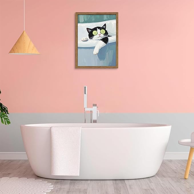 Framed Tuxedo Cat Canvas Wall Art, Bathroom Pictures Wall Decor, Funny Cat in Bath Poster Print, Modern Dark Humor Animal Painting Artwork for Bathroom Apartment Home Aesthetics – 8x10 inch
