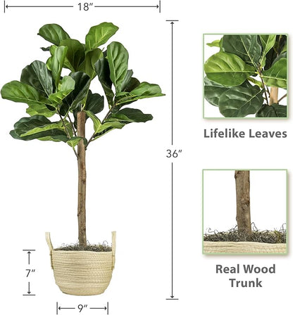 3ft Artificial Fiddle Leaf Fig Tree in Boho Woven Basket - Real Wood Trunk, Preassembled, No Maintenance Indoor Faux Plant - Living Room, Home & Office Decor