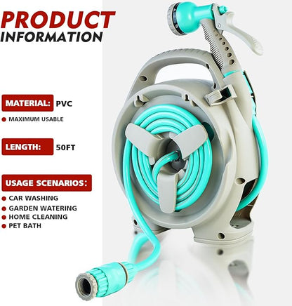 50FT Retractable Garden Hose Reel, Lightweight & Portable Hose Reel with 6 Patterns Spray Nozzle, Suitable for US Standard Hose Connection