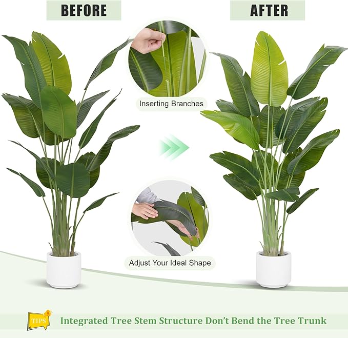 Artificial Bird of Paradise Plant 6.5Ft Tall Fake Tropical Palm Tree Large Fake Plants with 15 Silk Banana Leaves Faux Plant Indoor Decor Trees White Pot for Home Bedroom Living Room Office 2pcs