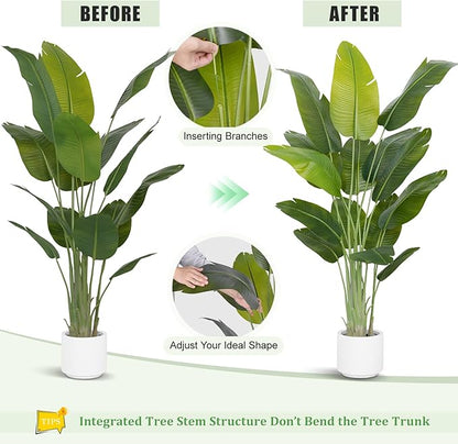 Artificial Bird of Paradise Plant 6.5Ft Tall Fake Tropical Palm Tree Large Fake Plants with 15 Silk Banana Leaves Faux Plant Indoor Decor Trees White Pot for Home Bedroom Living Room Office 2pcs
