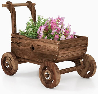 S AFSTAR Wooden Wagon Planter Box, Mobile Garden Planter with 4 Wheels, Handle, Drain Hole, Decorative Plant Wagon for Indoor & Outdoor Decor, Decorative Flower Cart for Patio, Garden, Balcony, Brown