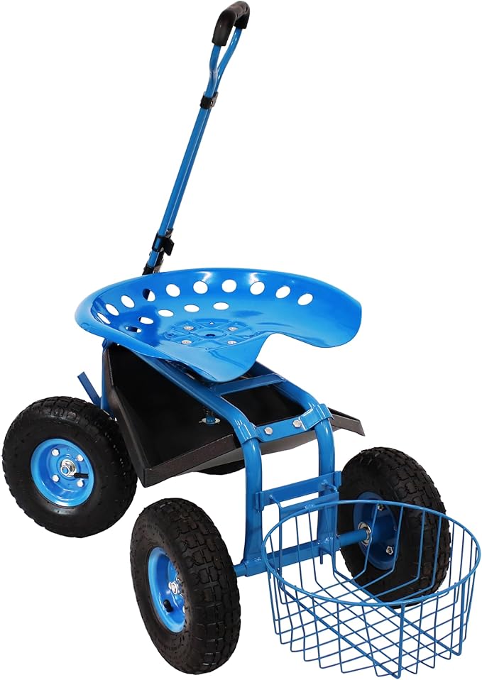 Sunnydaze Garden Cart with Wheels - Garden Stool on Wheels - Rolling Gardening Seat with Extendable Handle - Swivel Seat - Blue