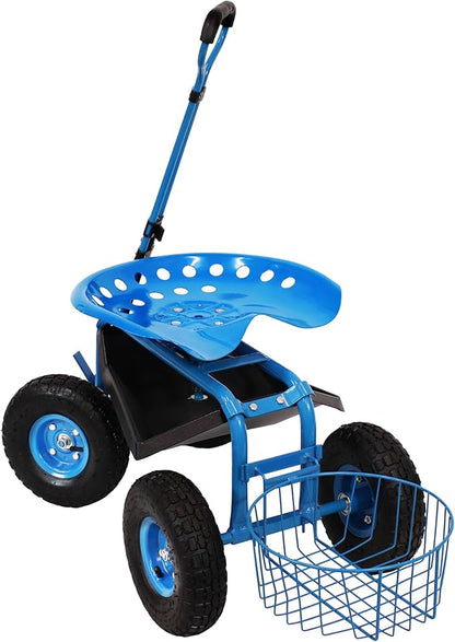 Sunnydaze Garden Cart with Wheels - Garden Stool on Wheels - Rolling Gardening Seat with Extendable Handle - Swivel Seat - Blue