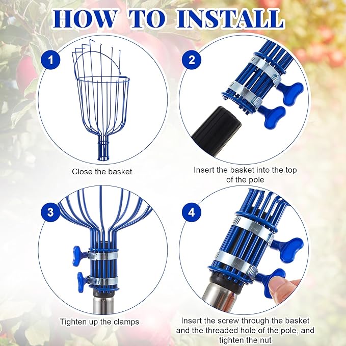 22.5ft Adjustable Fruit Picker Pole with Basket Long Handle with Storage Bag and Gloves Fruit Picker Equipment for Lemons Apples Avocados Picking (Blue)