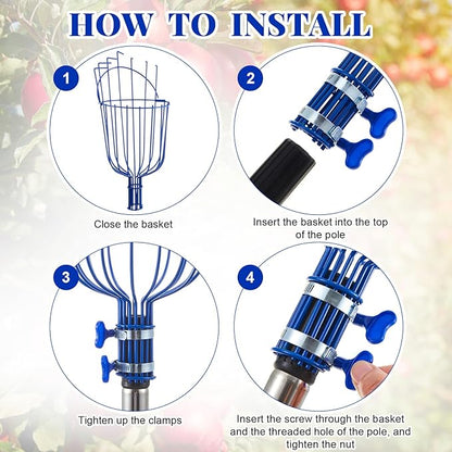 22.5ft Adjustable Fruit Picker Pole with Basket Long Handle with Storage Bag and Gloves Fruit Picker Equipment for Lemons Apples Avocados Picking (Blue)