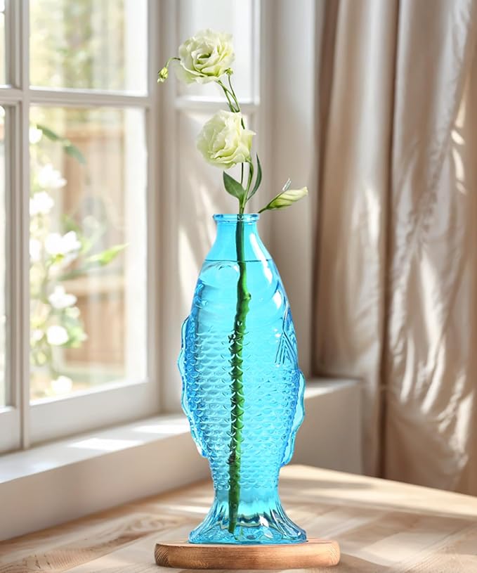 Nacome Fish Vase Propagation Stations: Glass Plant Terrarium with Wooden Stand for Home Office Desk Decor, Unique Gifts for Plant Lovers Women Mom (Blue)