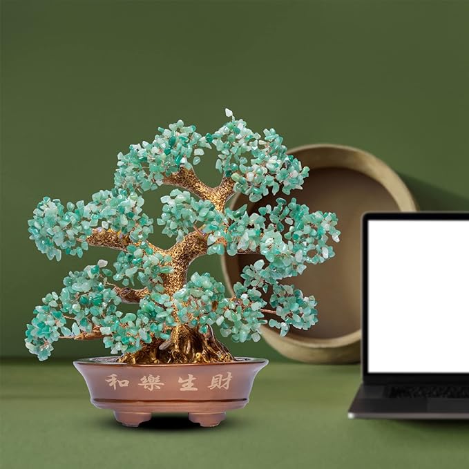 Natural Aventurine (1,251 Gemstone Count) Chakra Crystal Tree with Healing Properties - Home & Office Bonsai Feng Shui Money Tree Decoration for Luck, Success and Intelligence - 14"