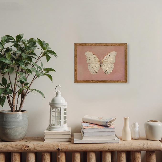 Wojuin Framed Pink Vintage Butterfly Canvas Wall Art, Neutral Moody Insect Farmhouse Wall Decor, Antique White Moth Aesthetic Poster Print for Living Room Bedroom Bathroom Dorm Office 8x10 in
