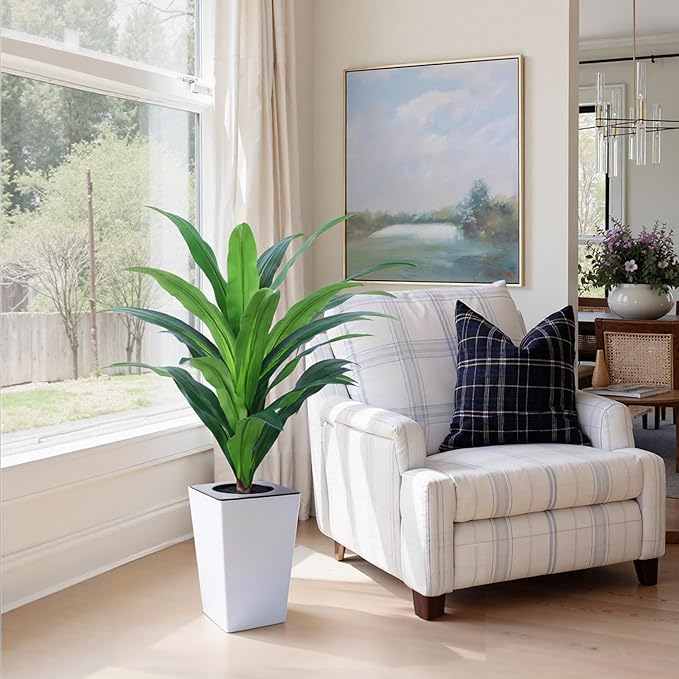 2 Pack Artificial Dracaena Tree with White Tall Planter 4FT-Tall Potted Faux Plants Indoor -Fake Floor Plant for Home Office Living Room Outdoor