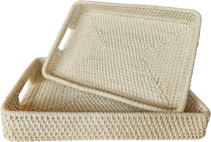Rectangle Rattan- Handmade Serving Tray-Decorative Woven Ottoman-Trays with Handles for Coffee Table Natural Basket Wave Tray, L-11.7inch & H-2.3inch (White)