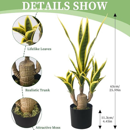 Artificial Snake Plant 23.6" Fake Sansevieria Potted Plants Indoor Outdoor 24 Lifelike Fake Snake Plant Greenery for Home Office Hotel Garden Corner Decor