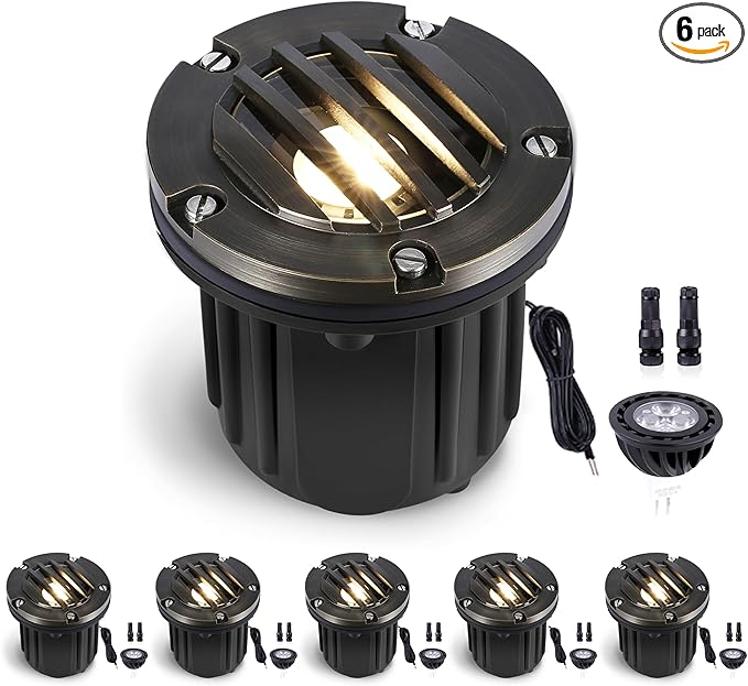 Gardenreet Landscape In Ground Well Lights - Brass Electric LED Low Voltage Ip65 Lights, 12V Wired Fixture, Antique Bronze for Tree Patio Driveway with 5000K Daylight White MR16 Bulb