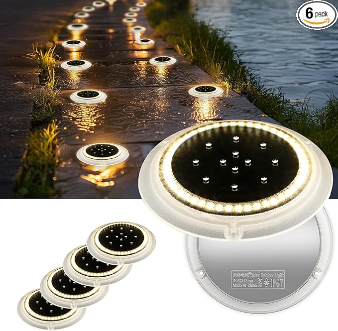 Solar Dock Lights, Crazy 48 LEDs Super Bright Disc Driveway Light, Outdoor Waterproof Flat Low Profile, Anti-Trip & Anti-Slip for Marine, Ground, Pool, Pier, Deck (Warm White, 6Pack)