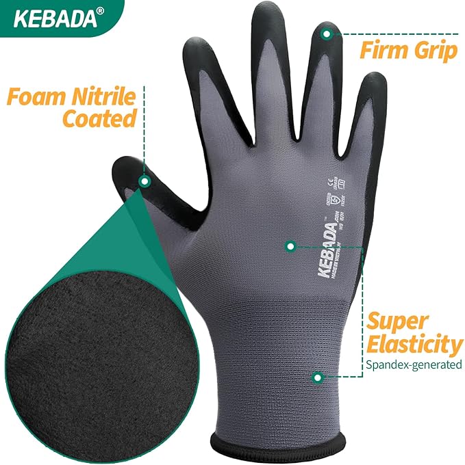 Kebada W5 Work Gloves Bulk Pack (60 Paris), Foam Nitrile Coated Working Gloves with Grip, Ultra Stretchable Spandex Knit Gloves for Gardening and Light Duty Mechanic Work, X-Large (Made in Vietnam)