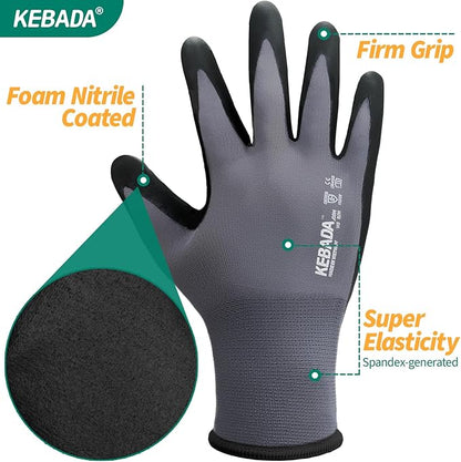 Kebada W5 Work Gloves Bulk Pack (60 Paris), Foam Nitrile Coated Working Gloves with Grip, Ultra Stretchable Spandex Knit Gloves for Gardening and Light Duty Mechanic Work, X-Large (Made in Vietnam)