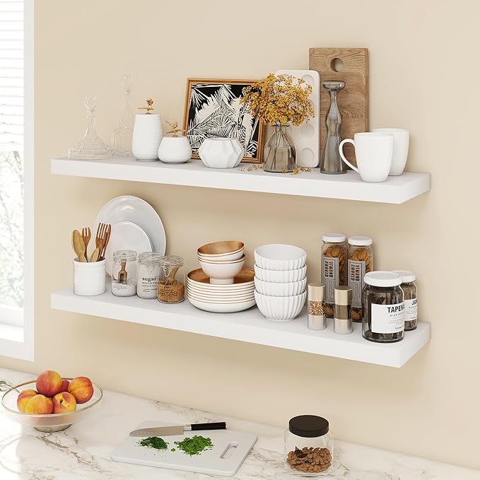 40 Inch Floating Shelves, 9.3" Deep Floating Shelf Wall Mounted, 40" Wall Shelves, Rustic Deep Bookshelf, Large Display Shelves & Storage Shelves for Bedroom, Living Room, White, Set of 2