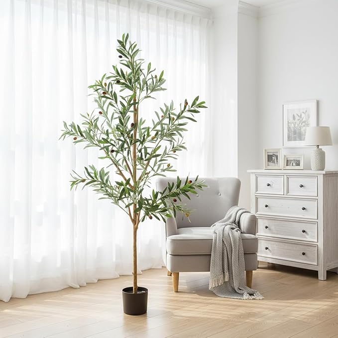 Olive Artificial Trees, 5FT Tall Faux Olive Tree for Indoor and Outdoor, Artificial Plants with Basic Planter, Lifelike Fruits and Realistic Wood Trunk for Home Office Decor