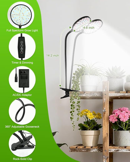 Clip On Grow Lights for Indoor Plants, High PAR & PPFD Full Spectrum Plant Light with Auto On/Off Timer, 5 Dimmable Levels, Flexible Gooseneck LED Grow Lamp for Indoor Growing