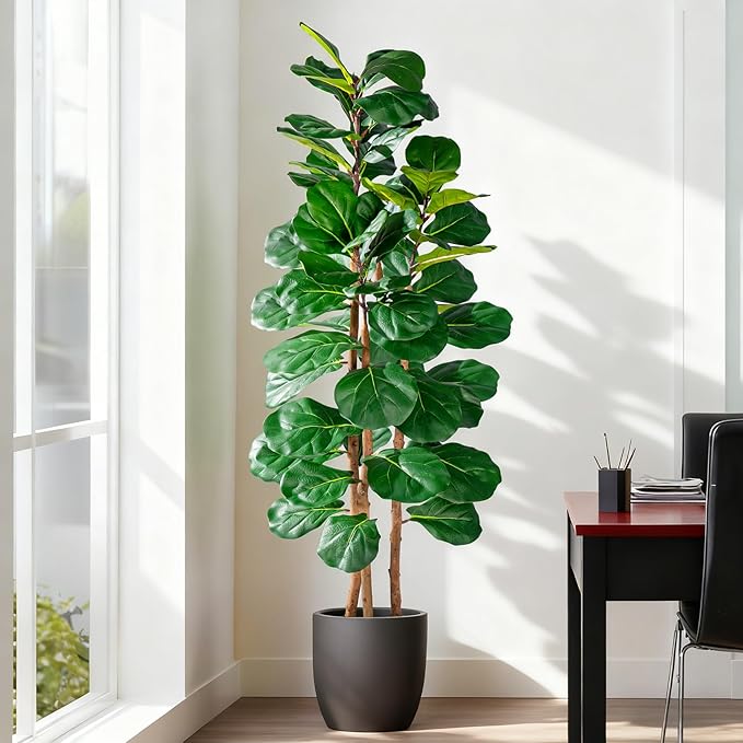 Artificial Fiddle Leaf Fig Tree 5FT, Faux Fig Tree Indoor with Natural Wood Trunk & Realistic Leaves with Moss Pot Fake Ficus Tree Large Faux Floor Plant for Living Room Home Decor, House Plant