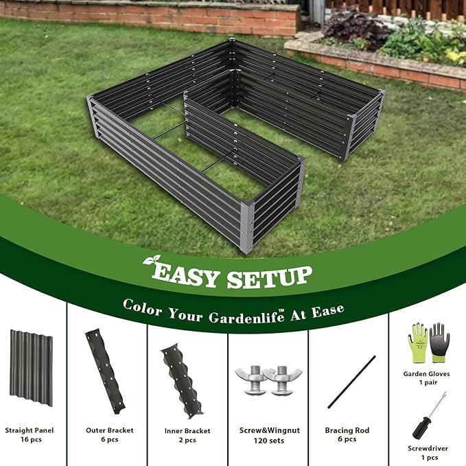 A ANLEOLIFE U-Shaped Outdoor Galvanized Raised Garden Bed, 6x6x1.5ft, Center-Access Bottomless Planter Box, 22-Gauge Corrugated Metal, Reinforced Bracing Rods, Quartz Grey