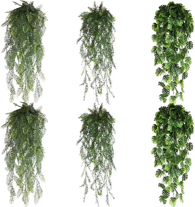 6 Pack Artificial Hanging Plants, Wall Mounted Eucalyptus Plant Pots Faux Greenery, Imitation Datura Vine, Boston Fern, For Indoor Outdoor Shelf Fake Plant (Cattail leaf/Pine pine/Small monstera)
