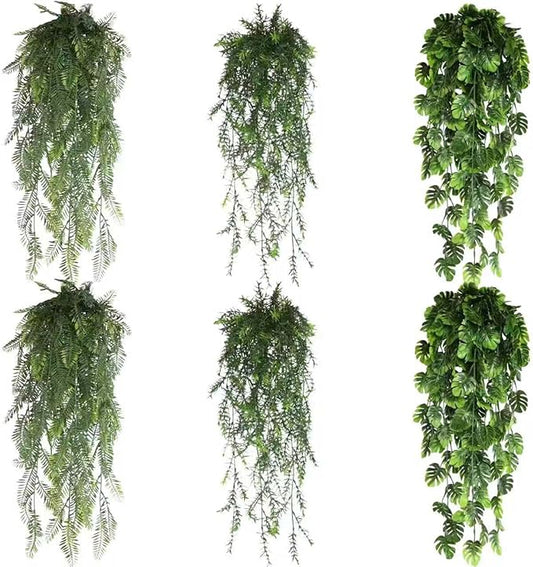 6 Pack Artificial Hanging Plants, Wall Mounted Eucalyptus Plant Pots Faux Greenery, Imitation Datura Vine, Boston Fern, For Indoor Outdoor Shelf Fake Plant (Cattail leaf/Pine pine/Small monstera)