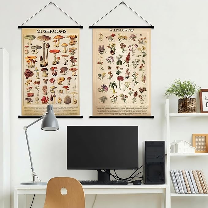 Geosar 2 Pcs Vintage Mushroom Flower Butterfly Tree Poster Fungus Rustic Wall Hanging Illustrative Reference Chart Poster for Bedroom Living Room, 15.7 x 23.6 Inch(Mushroom,Flower)